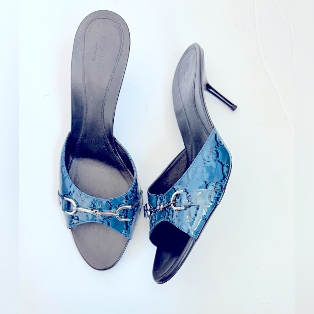 Gucci Navy Blue Patent leather GG signature monogram horsebit mules 41
